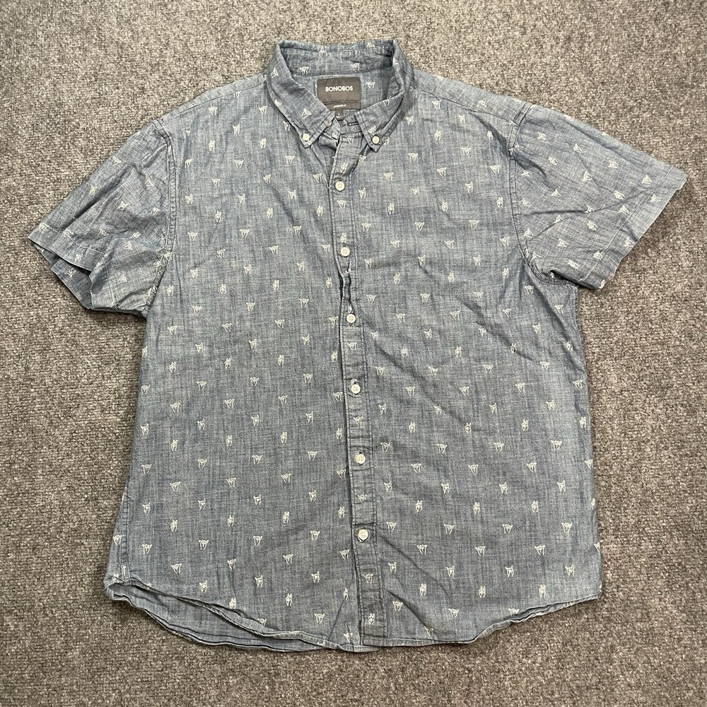 Bonobos Button Down Shirt Mens L Blue Shaka Peace Sign Short Sleeve Chambray